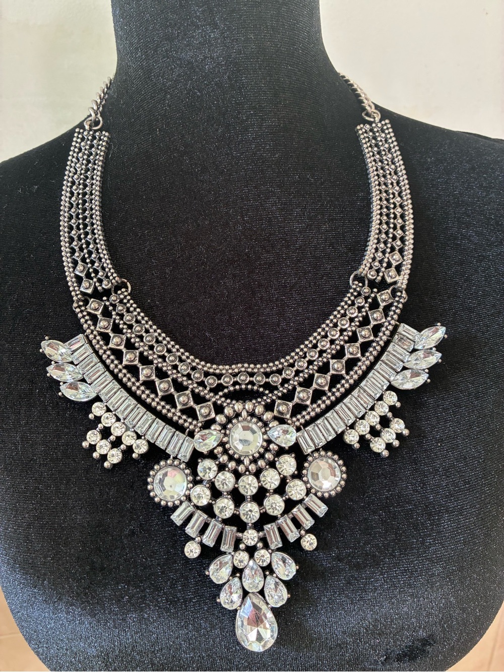 Rhinestone Statement Bib Necklace in Silver